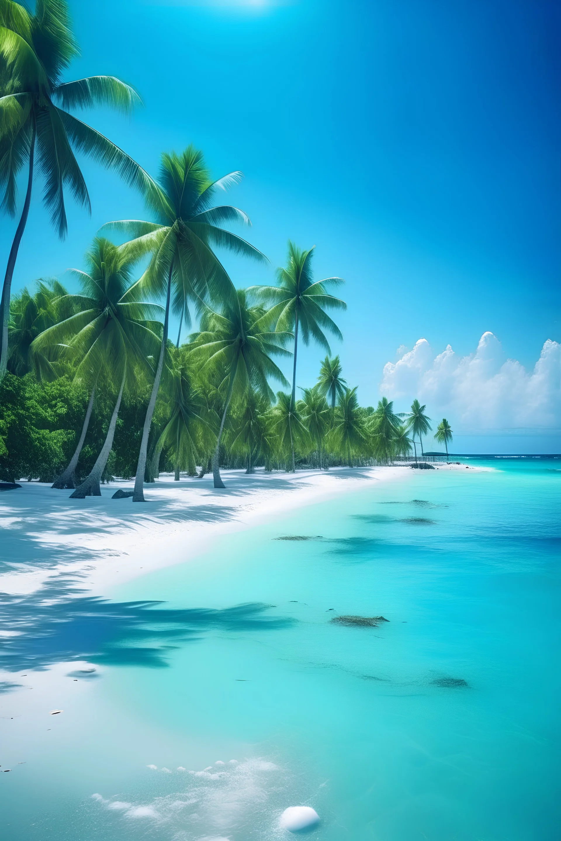 delightful summer day at the Maldives beach, coconut palms swayed gently in the warm breeze as the crystal-clear blue sea sparkled under the radiant sun