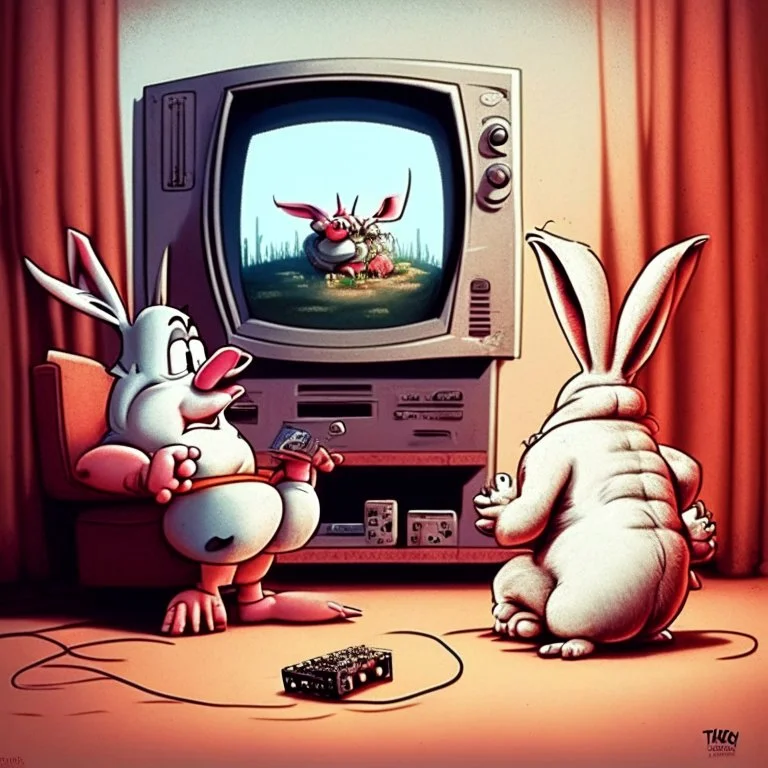 bugs bunny watching a tv about a video game with a pig doing music