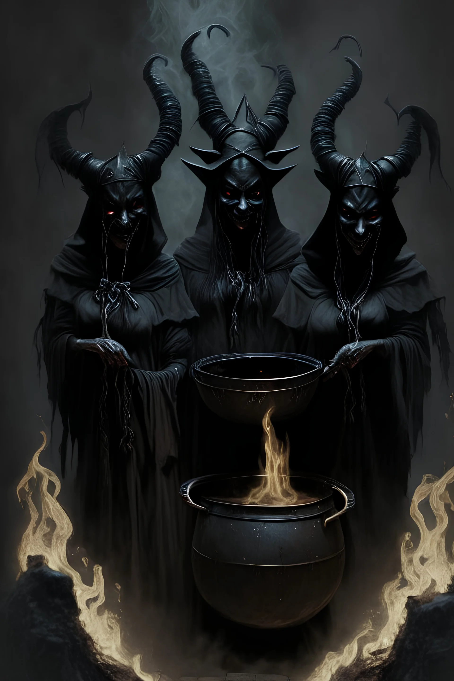 3 black witches with demon horns standing over a cauldron their faces are hidden under large hoods