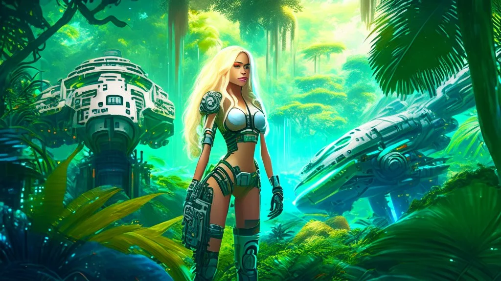 Wide-angle, full body of a woman, with straight blond hair, dressed like a robot, with equipment in her hands, next to a crashed spaceship, on an alien jungle world in the multiverse