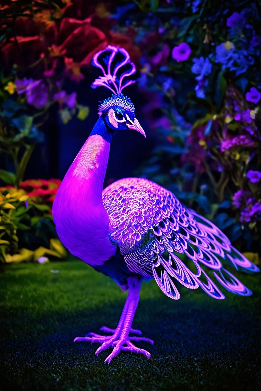 A (((vividly glowing purple neon peacock))), intricate details and ornate patterns, in a beautiful garden