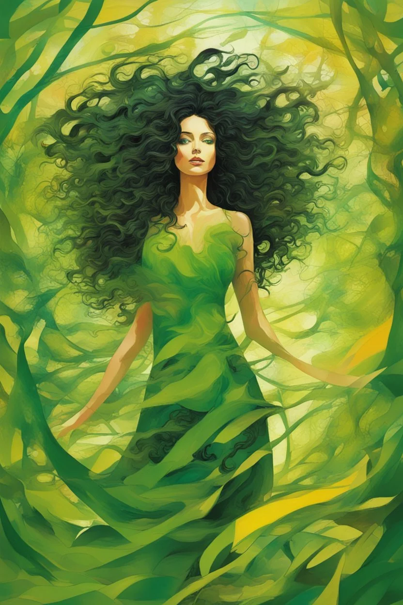 abstract creation of a beautiful girl with black curly hair, surrounded by green forest, wrapped in tree routes, wind blowing, summer and bright colours, chaos,