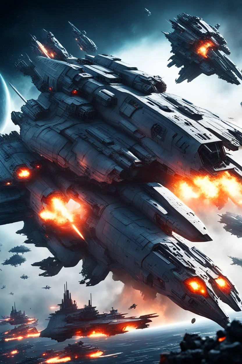 futuristic 4 space battleship fighting in brutal battlefield with 4 alien spacebattleship