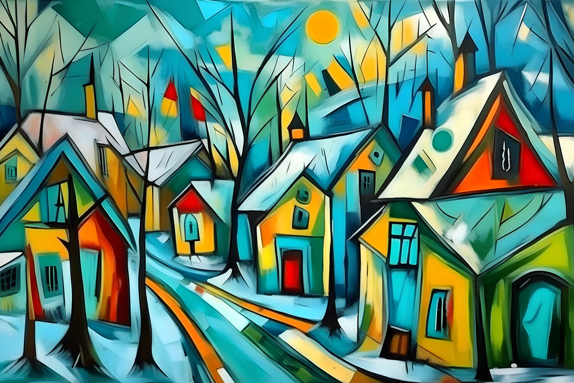 abstract painting style picasso winter joy in lonely village cold colors