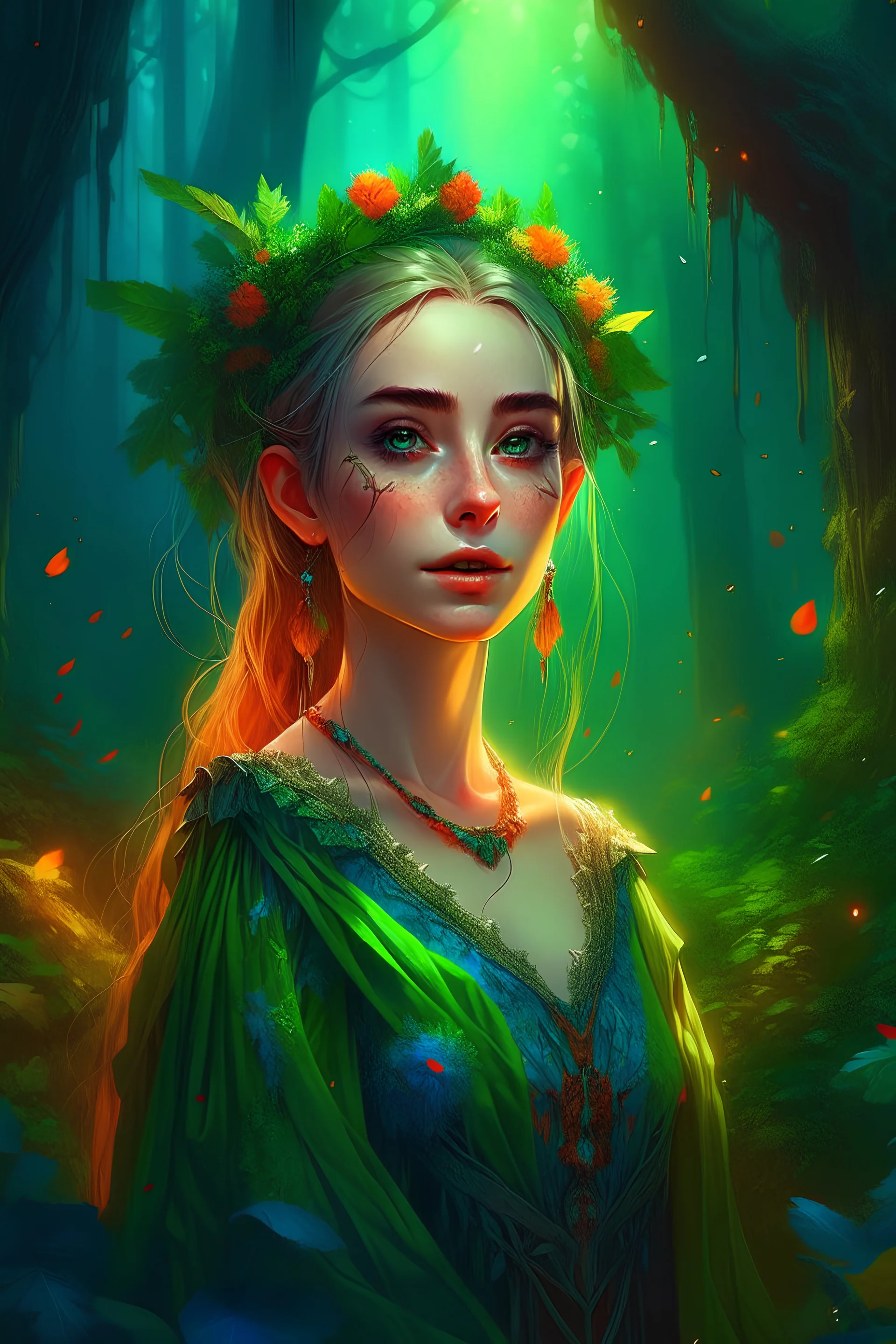 lightly dressed fantasy elf of the forest girl elegant, colorful, bright, intricate, 8k, portrait, very attractive, dynamic lighting, wallpaper, colourful, bright colors, cinematic postprocessing, digital painting, fantasy, Tolkien, pixel art, green tones