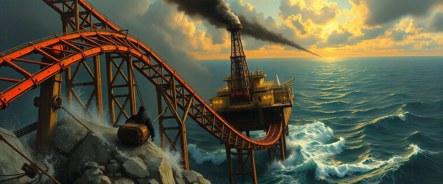 master oil painting by Rembrandt, roller coaster with some bad ass power off shore oil platform cyber punk people experiencing gravity at its worst