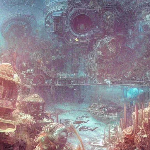 Insanely detailed photograph of an “artitcture plans of a living underwater city ” with intricate waves, intricate embroidered band of stars, hyperdetailed painting by Ismail Inceoglu Huang Guangjian and Dan Witz CGSociety ZBrush Central fantasy art album cover art,8K, hdr, romantic, mysterious, ominous, flowers, jewelry, steam,oil,cafe,street vendor,steamship,D&D