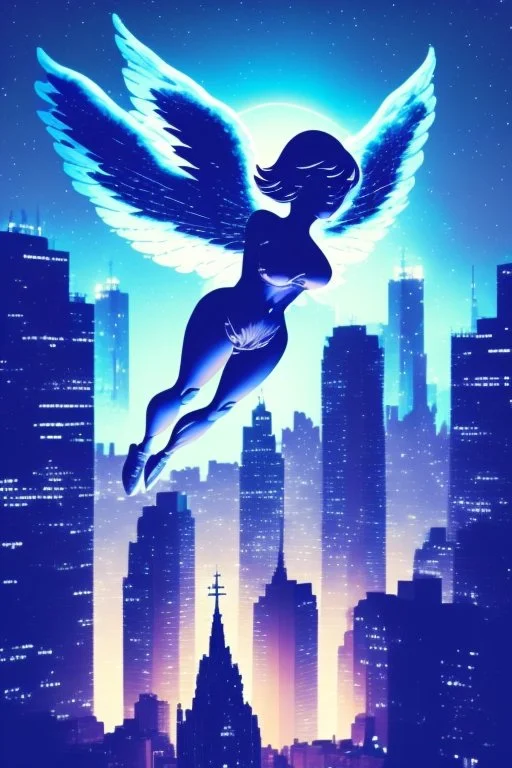 A flying angel over the tall buildings in a city at deep blue night.