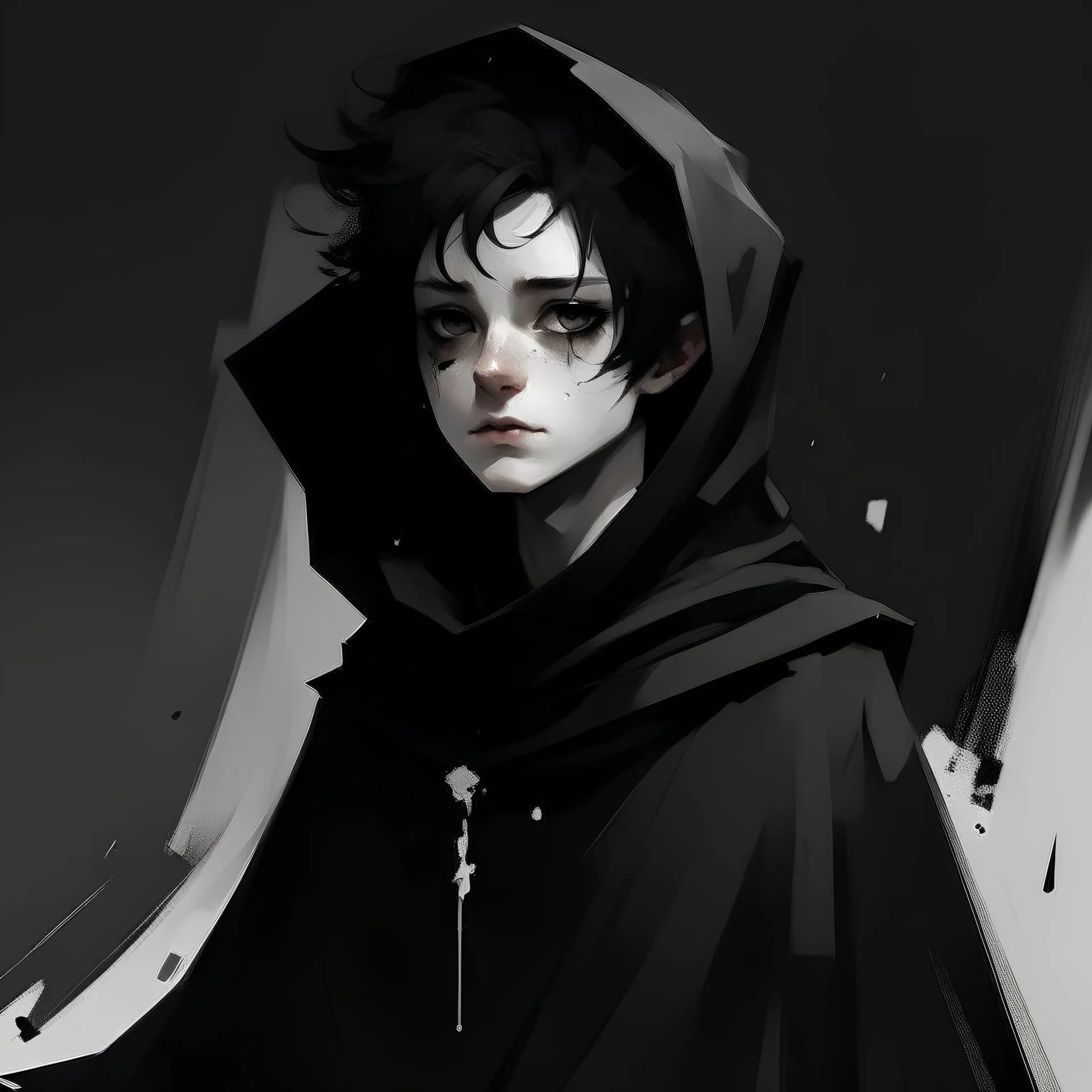 Animated person with white skin, short and messy hair that is black with white streaks through it, wearing black cloak