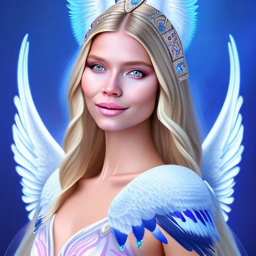 portrait of a beautiful aztecan woman with an angel face smiling,long blond hair, blue eyes, pink and blue dress, jewels, soft light aura