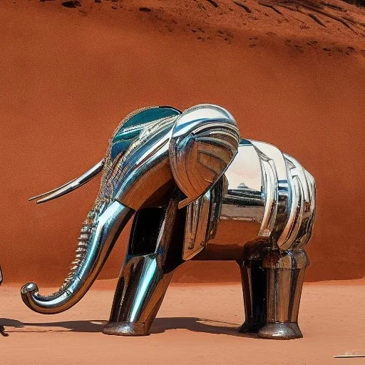 A mechanical chrome elephant looking at a Robotic Bedouin in Sahara by arik roper