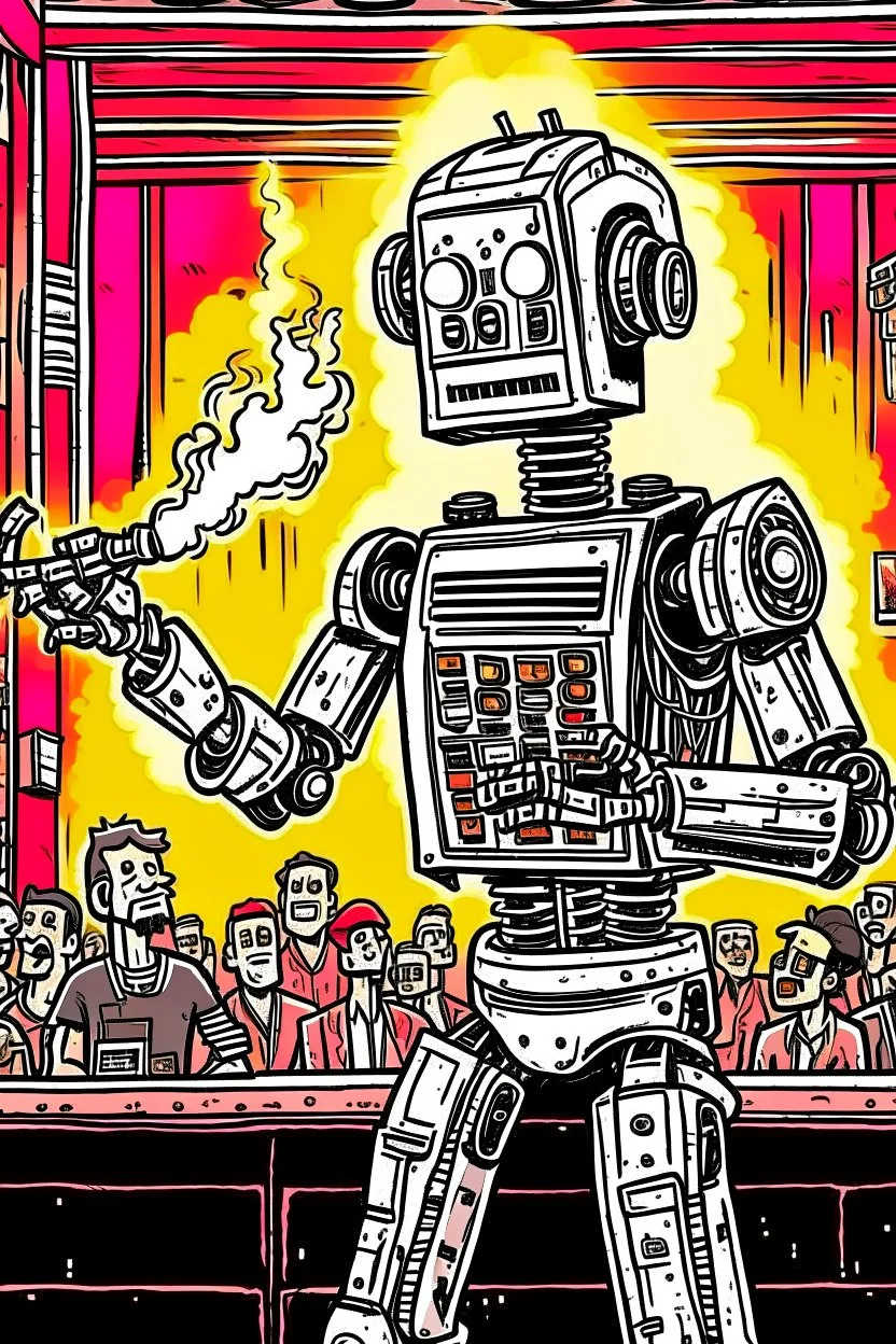 A robot hard rock fan hosts a radio show in a burning club gets yelled at by a human.