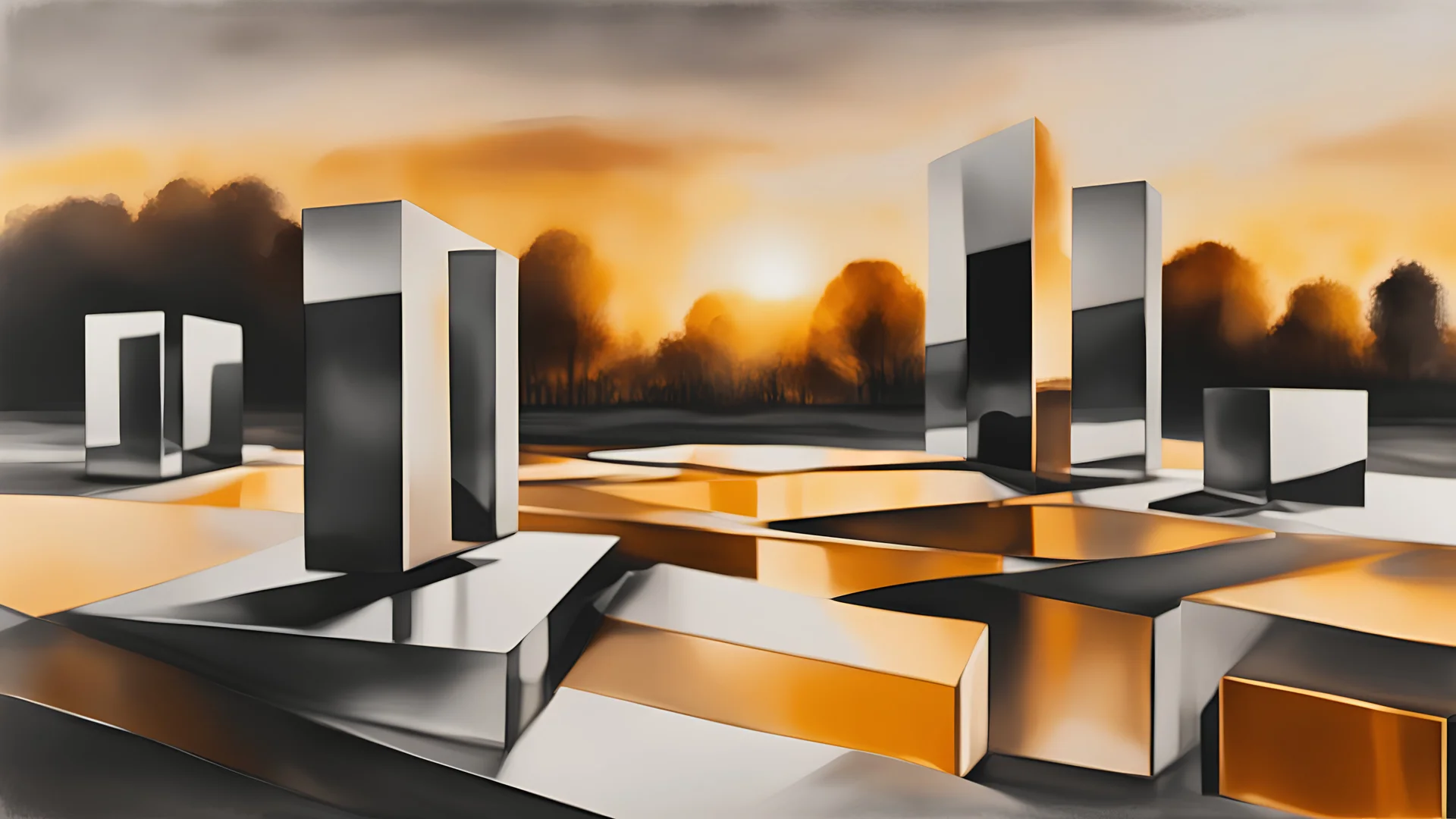 Grayscale abstract sculpture park, art style watercolor painting, metal smooth abstract shapes in distance, glass cubes with vivid dark amber glass in foreground, soft golden hour lighting