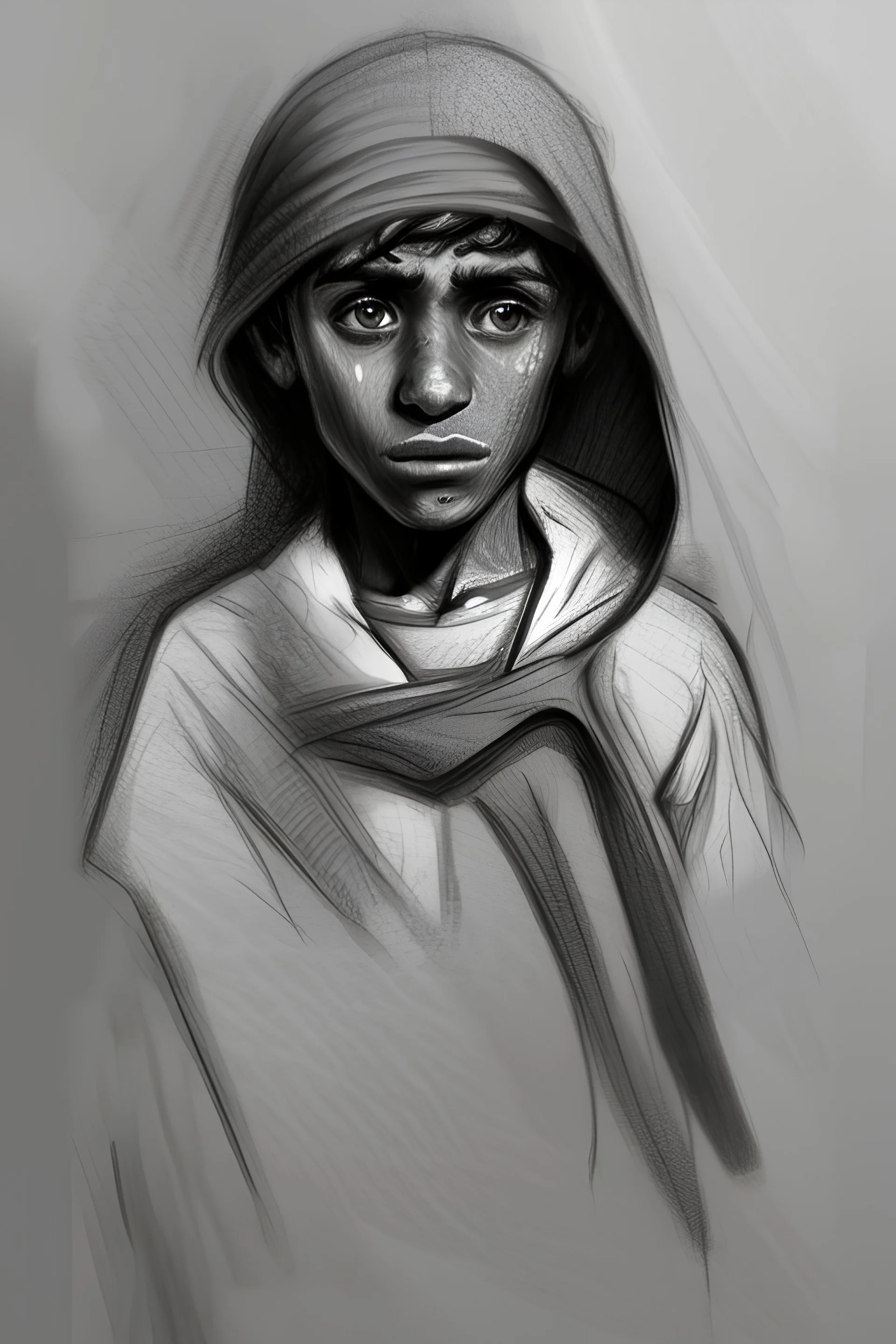 Sketch of a homeless, afflicted Arab child