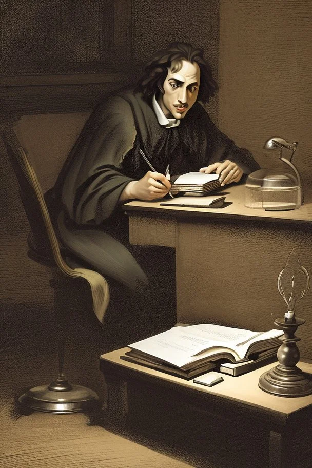 [Spinoza reading at a desk] As Spinoza sat at his desk, the gentle glow of candlelight flickered, casting mesmerizing shadows on his weathered face. His eyes, deep pools of contemplation, gazed thoughtfully at the pages before him, revealing the intensity of his intellectual pursuit. The room was a sanctuary of solitude, allowing him to immerse himself in the realm of metaphysical thought. Spinoza's high forehead, crowned by thick, unruly hair that fell slightly over his brows, accentuated his