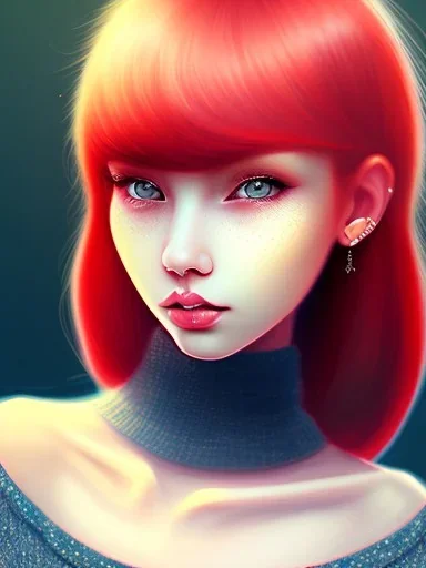 kawaii girl, red hair, cute, semirealistic, sweater, close up portrait