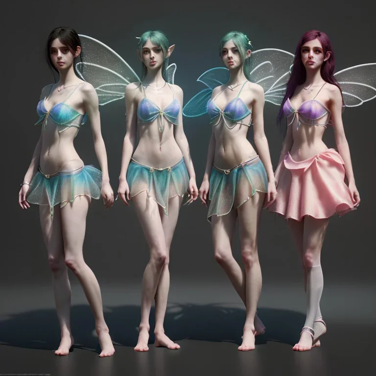 fantasy, three pretty girl fairies, bottomless, see through, nip