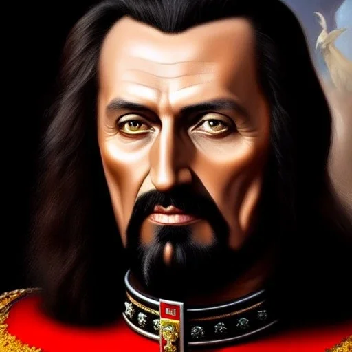 Ultra detailed fullbody Portrait in oil on canvas of Vlad the Impaler with armor,helmet,extremely detailed digital painting,ultrarealistic skin,intense stare, extremely detailed face, crystal clear eyes, mystical colors ,perfectly centered image, perfect composition, rim light, beautiful lighting,masterpiece ,8k, stunning scene, raytracing, anatomically correct, in the style of Simon Bisley and Ohrai Noriyoshi and robert e howard and Steve Jung and Wizyakuza and uncannyknack.