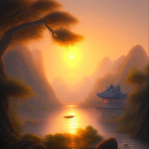 uma paisagem chinesa com rios e arvores, por do sol ao fundo, desenho a lapis, tons pastel