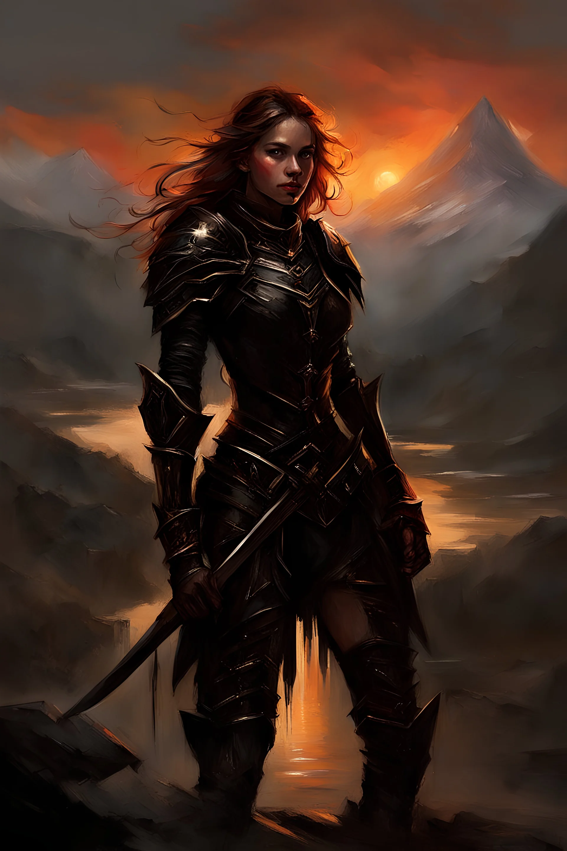 A formidable warrior girl in black armor, on the background Amazing gloomy landscape, flooded with sunset, mountains, trees, fabulous scary hero, , juicy emotions, painting, dark fantasy, gloomy day, dark world, portrait, by James Paick & Anna Razumovskaya