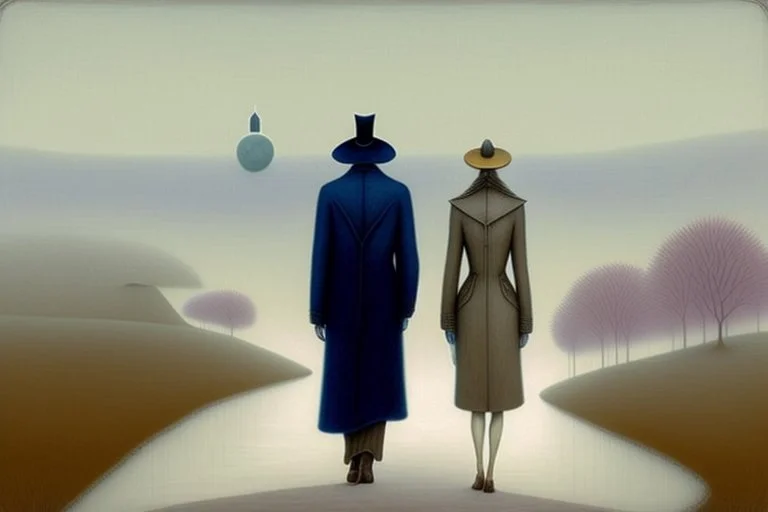 two people seen from behind walking side by side in an empty foggy plain, above there is blue sky by artist "Leonora Carrington",by artist "Christian Schloe",by artist "Kay Sage"