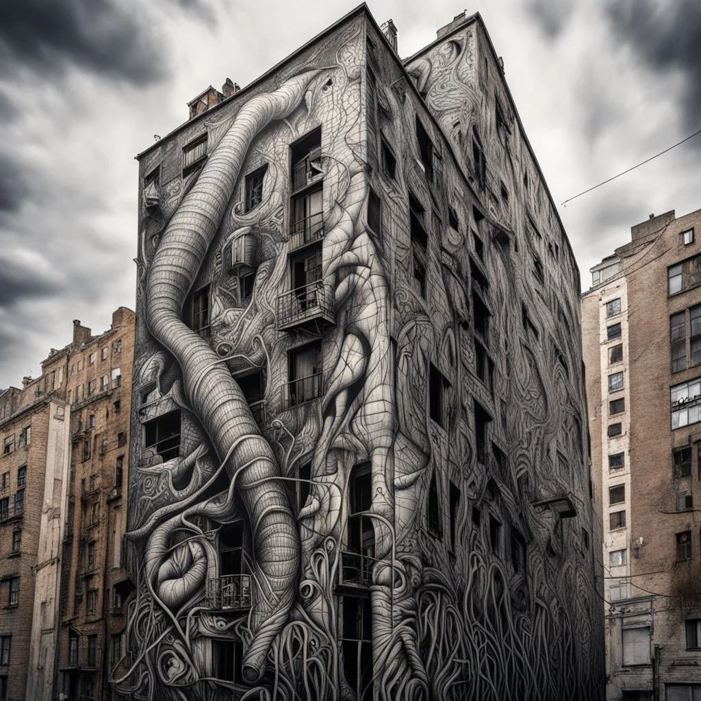 nyctophobia nightmare, abstract graffiti art on building side, by Phlegm, mind-bending illustration; asymmetric, 2D,