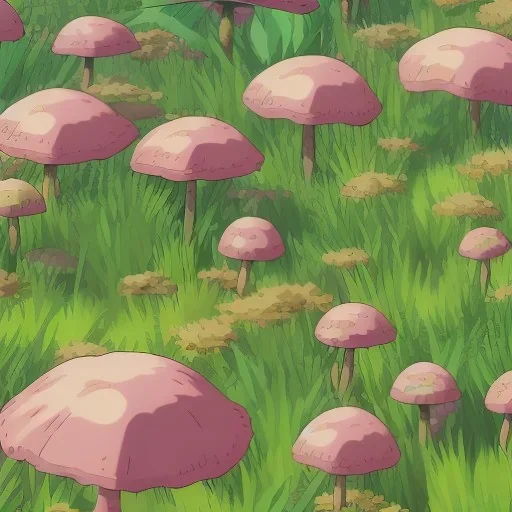 A grass type Pokemon walking through a field of tall and small mushrooms, tiny, made of plants, not human