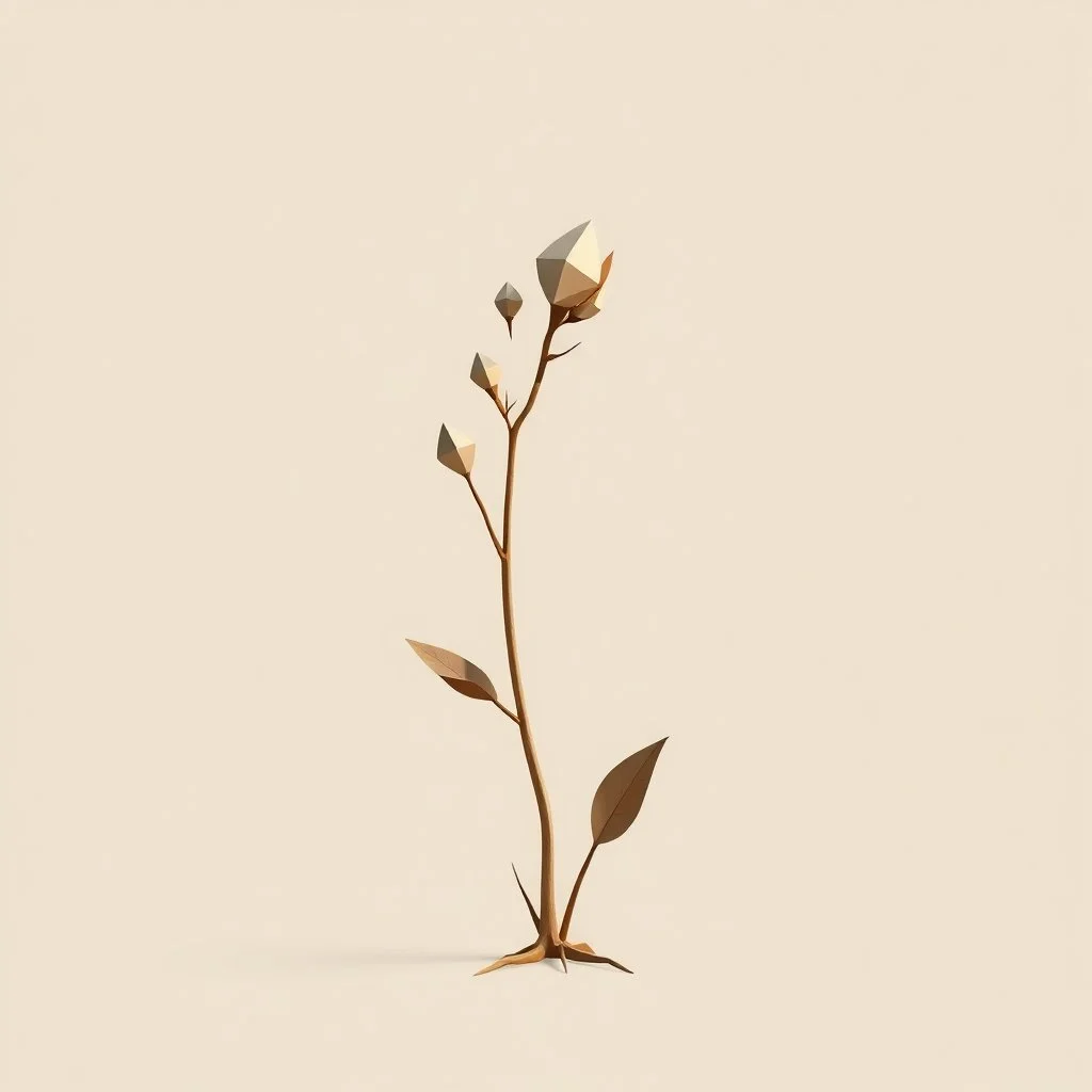 concept art of low poly stylized alien dry single leaf plant on a neutral background. Strange fictional extraterrestrial flora with unusual shapes