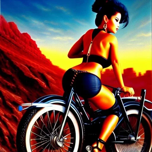 portrait of busty beautiful 'Female Rider on Akira Bike(1988)',aerial view,painting by Earl Norem, simon Bisley, evan lee, 86-86, oil on canvas, cinematic composition, extreme detail,fit full head inside picture,8k