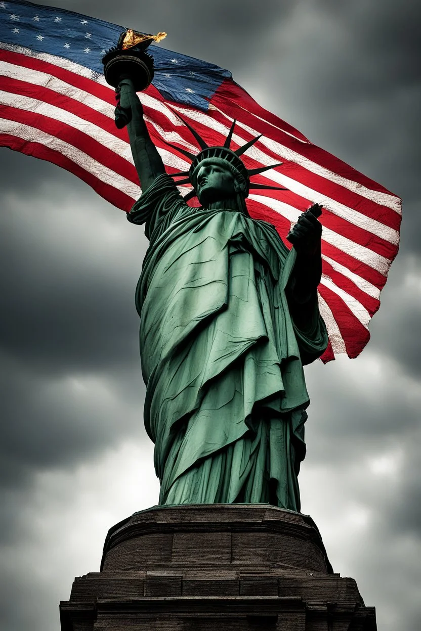 the statue of liberty, dress dirty and torn, her face solemn and terse, trash littered at her feet, she holds a crumpled american flag as she walks away, back to the viewer, under a dark and dreary sky