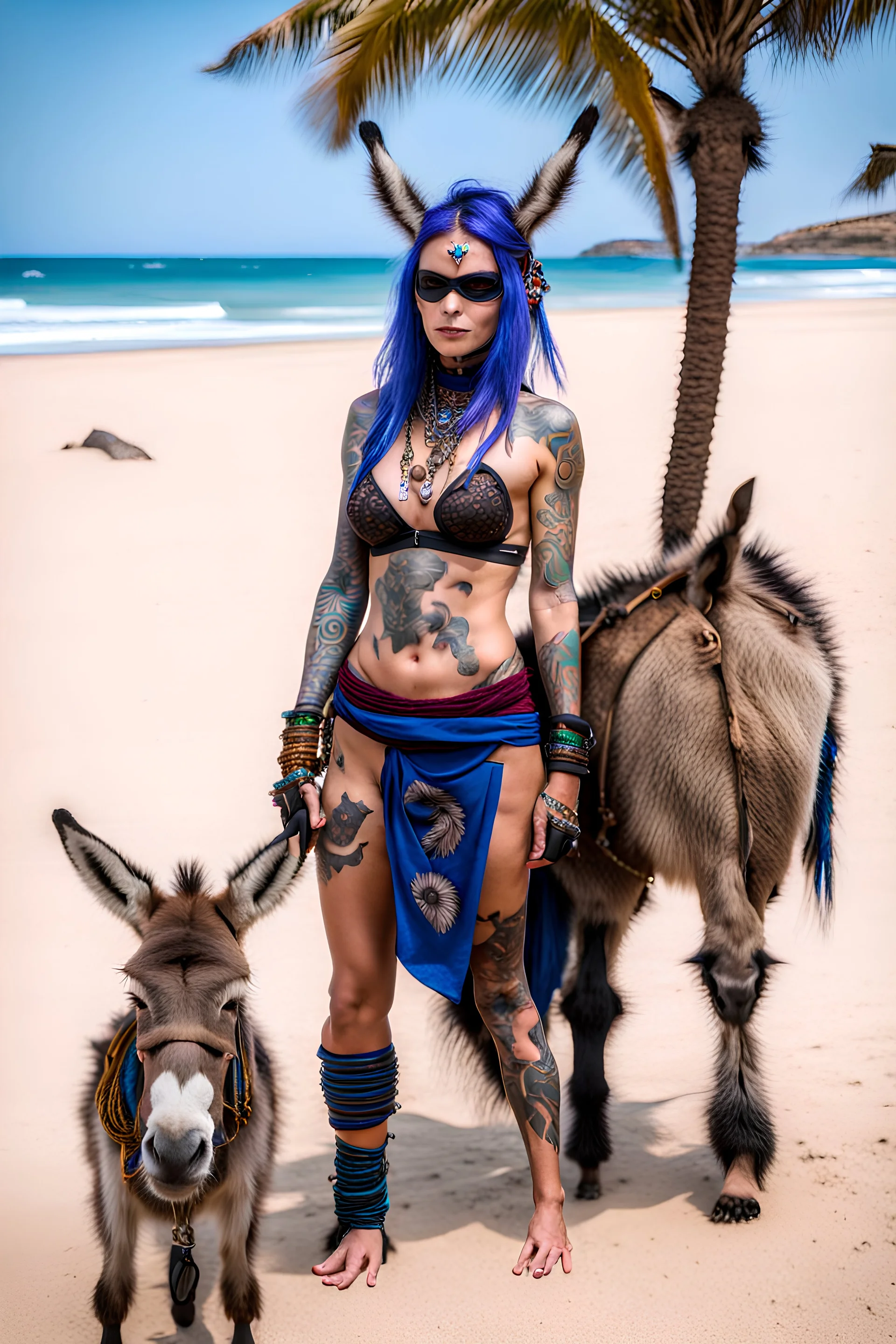 Tatooed electric ninja priestess beach with pet donkey