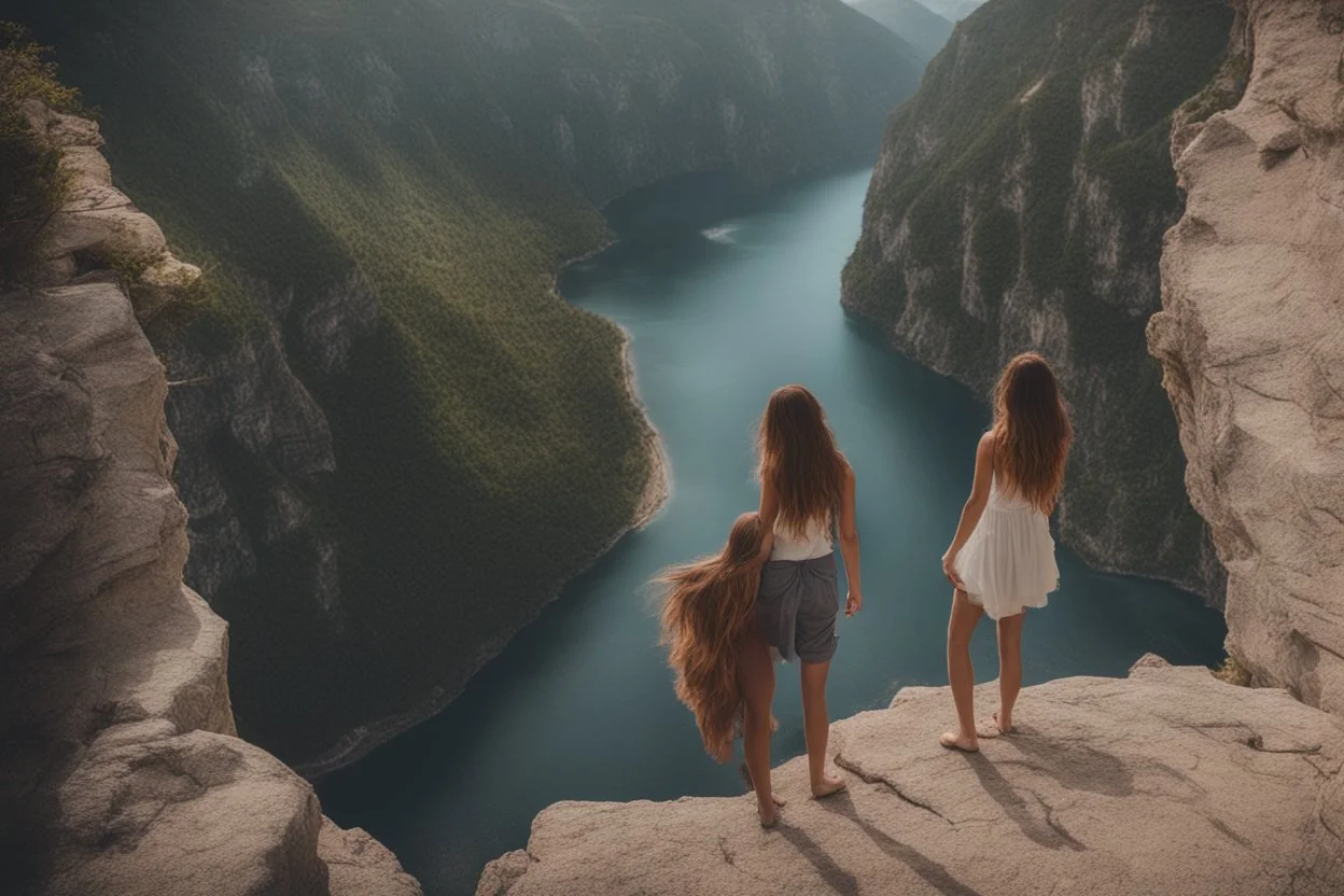 Only one guy and a girl are standing on the edge of a cliff and holding hands