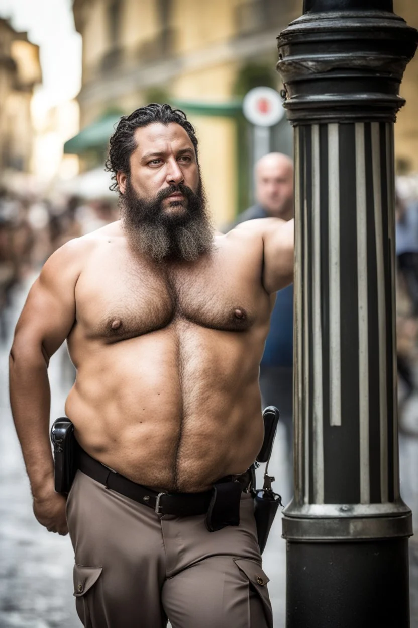 half figure shot photography strong chubby burly 39 years old neapolitan policeman, curly beard, dreadlocks, shirtless, manly chest, bulging trousers, in the sun, leaning against a lamppost in the middle of a crowded street, side light, sweat and wet