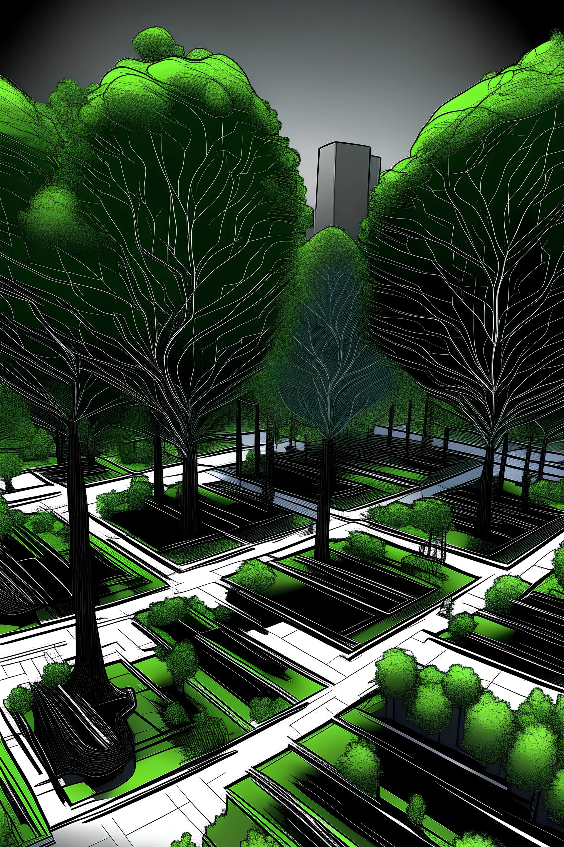 creat an image that shows urban trees with sensors. the image should be realistic and illustrate how trees cool the city