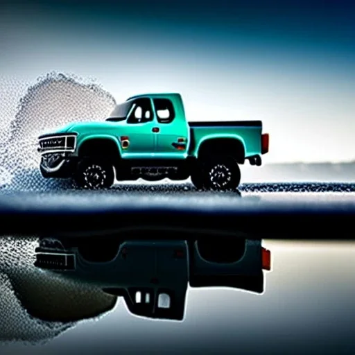 photorealistic shot, Toy R C truck, monotone color palette, sharp focus, puddle reflection, refraction, mist on the horizon, shadowcast, detailed and intricate, intense cinematic composition