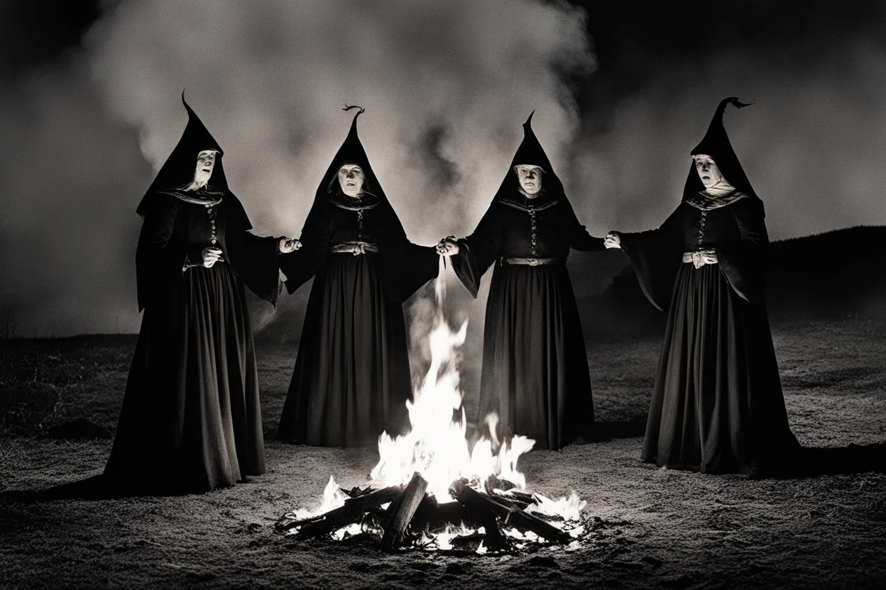 [very impressive high res masterpiece in Kodak Eastman 5247, scene by László Krasznahorkai] Three Witches from Macbeth surrounded by flames with a pentagram around them