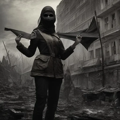 women, faces covered in black masks, ragged clothes, holding flag, realistic, Life Magazine photgraphy, war-torn, destroyed city in the background, 8k resolution, hyperrealistic, detailed matte painting, b&w, dynamic lighting, war, anarchy, rebels, terrorists