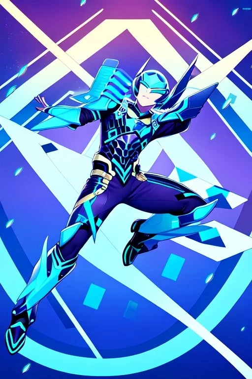 neon blue, flying parts of armor in form of triangles, cyber armor, geometric patterns on armor, male, orbiting triangle