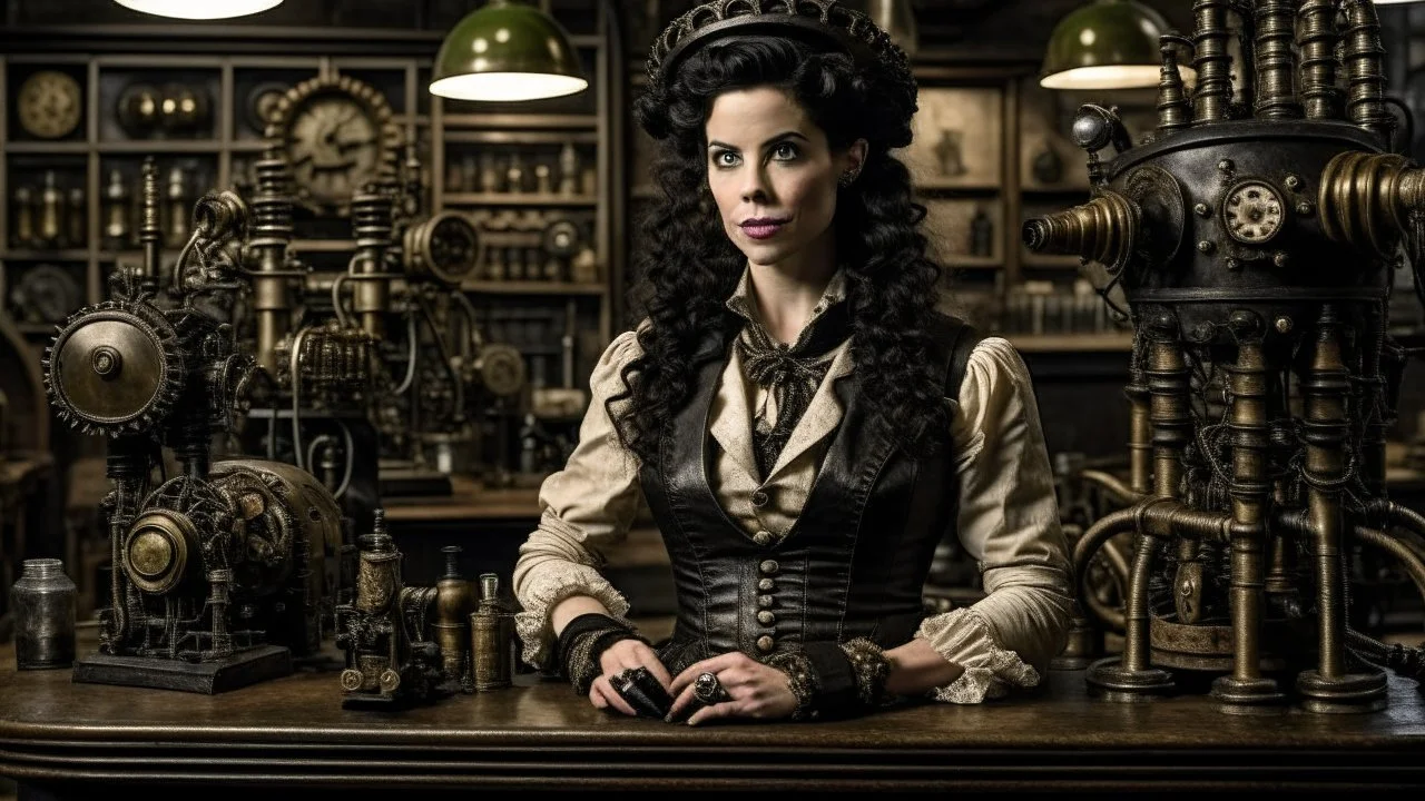 pale-faced woman with dark wavy shoulder-length hair, with detailed steampunk metal arms and legs, dressed like a Victorian, in a laboratory full of small machines