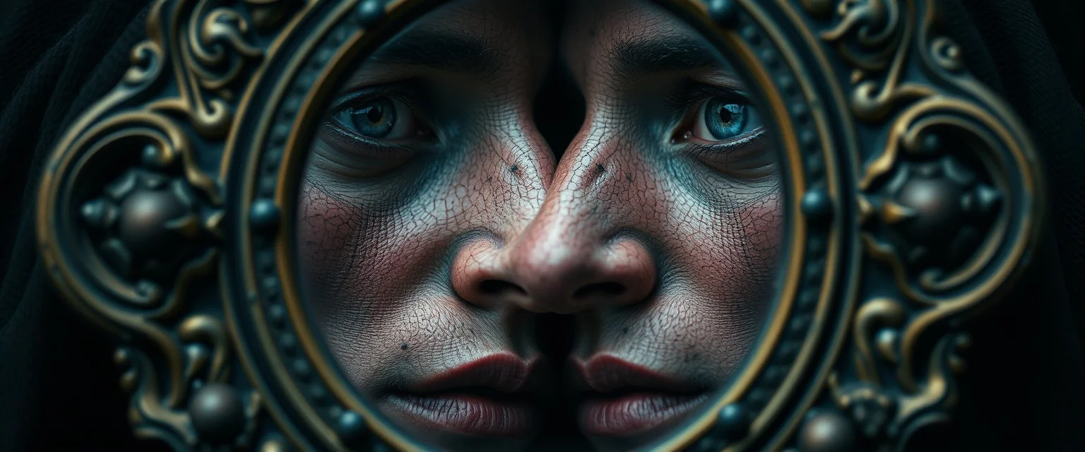 close up portrait of a voodoo transhumanism witchcraft inside double mirror
