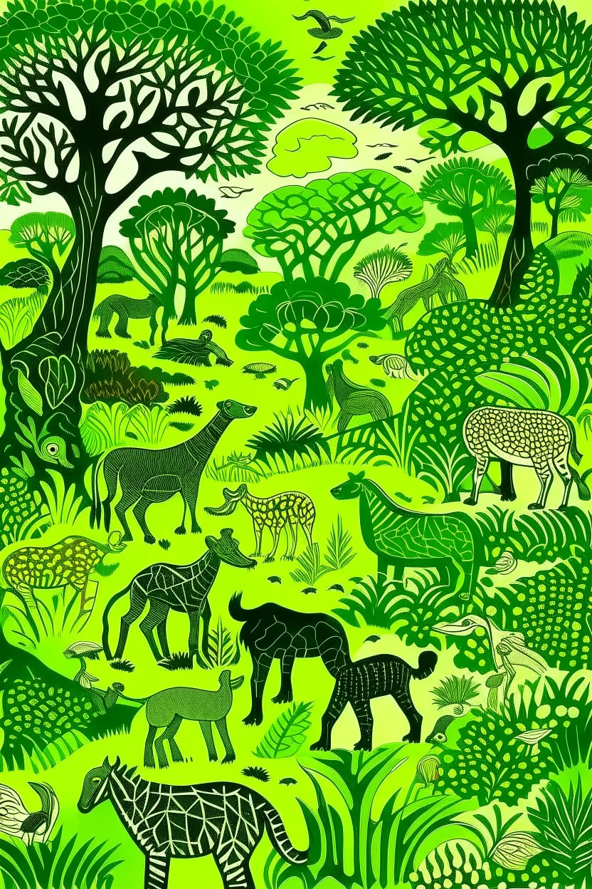 A lime green savanna filled with animals designed in African pottery