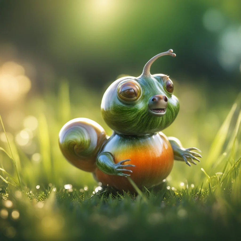 snail gremlin t-pose upper body of bear made from tinted murano glass in long grass inspecting a melon ,bokeh like f/0.8, tilt-shift lens 8k, high detail, smooth render, down-light, unreal engine,bokeh like f/0.8, tilt-shift lens 8k, high detail, smooth render, down-light, unreal engine