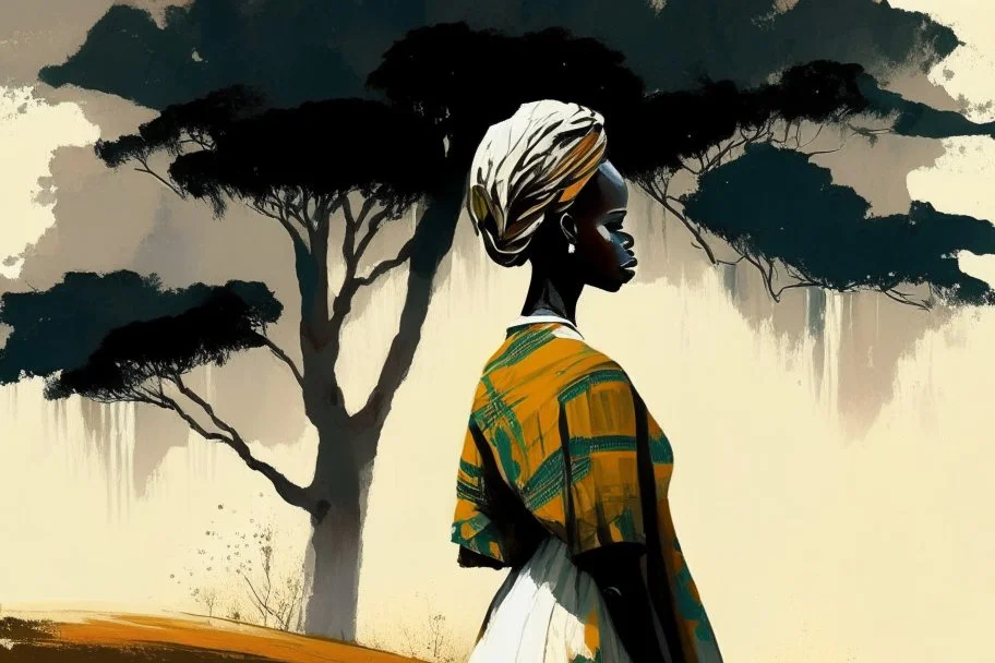 Design, African woman, oil painting, featureless, graphic, drawing without facial features, background, sky, trees, traditional clothes