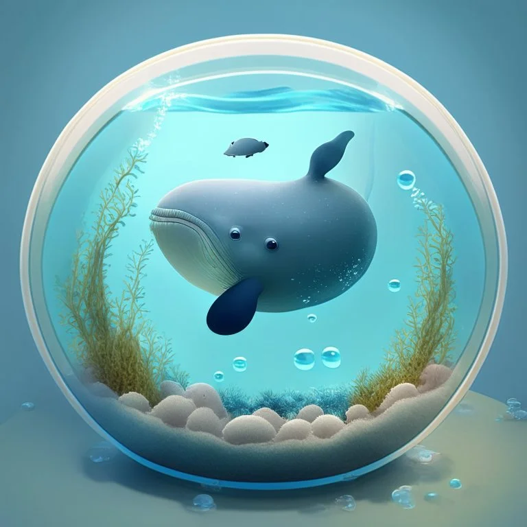 A cute little Sperm whale in a small circular fish tank.