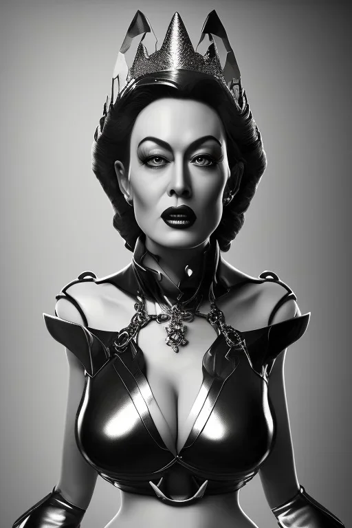 Joan Crawford as evil queen in black leather, busty, cleavage, dominatrix, curvy, angry, stern look. unreal 5, octane render, cinema4d, dynamic lighting, dramatic lighting, 4k, redshift render, highly detailed, hyper realistic,anthropomorphic black wolf long