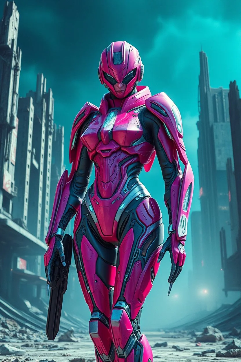 Hyper-realistic full-body 3D surreal digital painting of a female cyber android warrior, elegant armored magenta exoskeleton, crystalline embedded weapon systems, standing in a ruined futuristic city with deep teal sky, cinematic lighting, ultra realistic textures, masterpiece, 8k