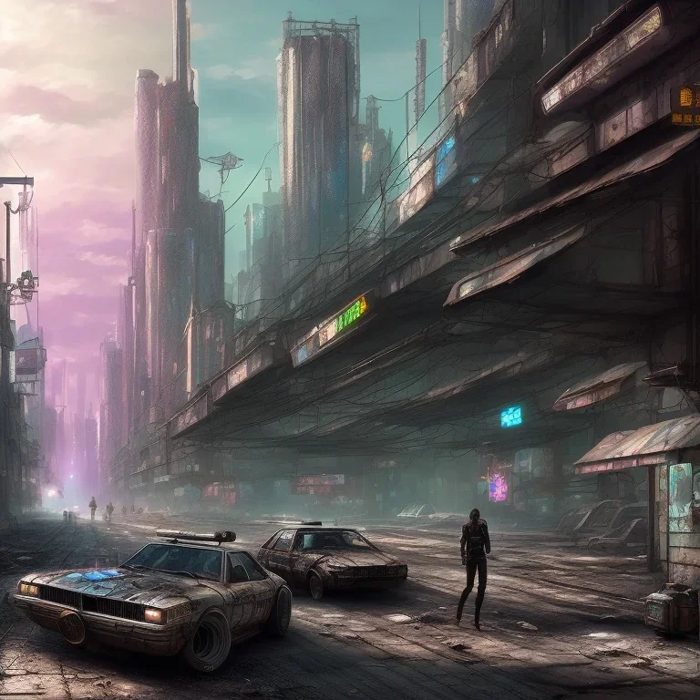 Cat, post-apocalyptic in a cyberpunk city, realistic