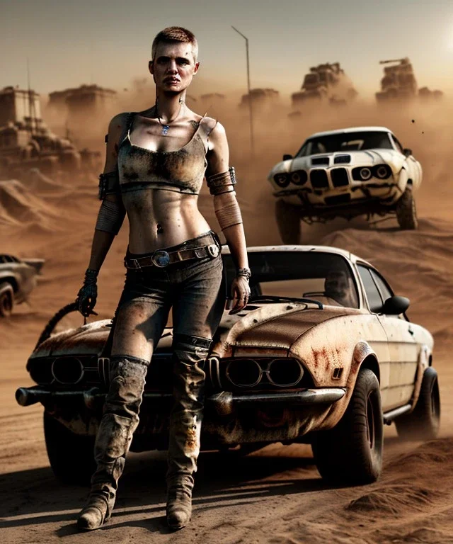 Realistic image. Portrait. Mad max car. Sweet pretty woman cyberpunk in the foreground. BMW 4 series. 4k resolution, intricate details, ornate details, soft lighting, vibrant colors, mad max background