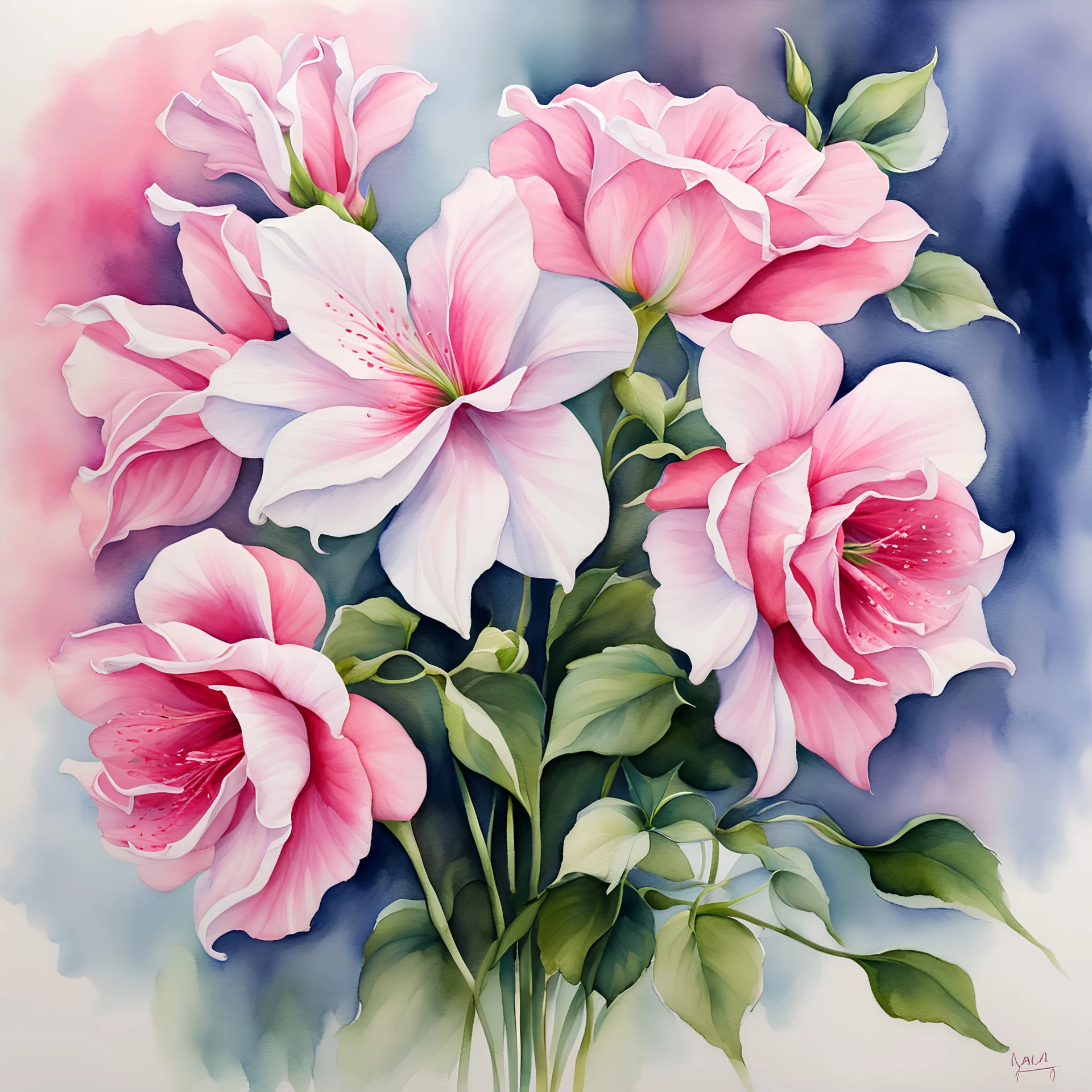 A stunning watercolor painting that captures the ethereal beauty of a bouquet of pink and white anturium. Each petal is delicately painted to showcase the smooth movement and translucent qualities of light, smoke, or other similar materials. The roses are arranged in a graceful manner, with their vibrant colors contrasting against the soft, flowing background. The overall effect is one of serene beauty and tranquility, as if the viewer has stepped into a dreamlike world.