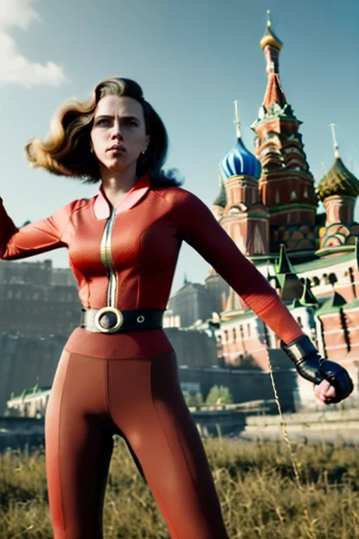 retro portrait image from 1960, Moscow background, wind, long red hair, fighting stance, sweet young Scarlett Johansson, classic black tight lycra suit, weapon, gold bracelet and belt, high heel boots, soft color, highly detailed, unreal engine 5, ray tracing, RTX, lumen lighting, ultra detail, volumetric lighting, 3d, finely drawn, high definition, high resolution.